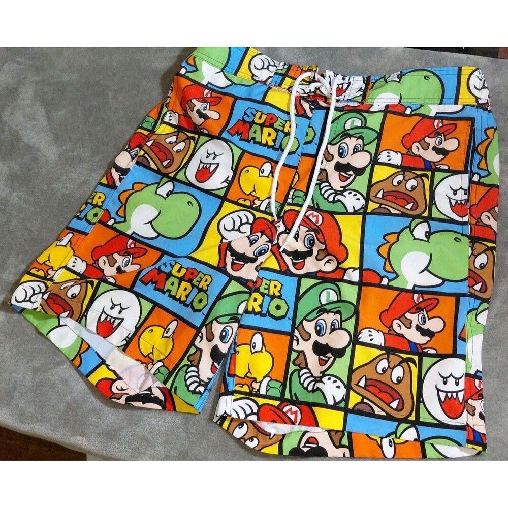 Super Mario Swim Trunk Shorts Mens M (32/34) Multicolor All Over Character Print